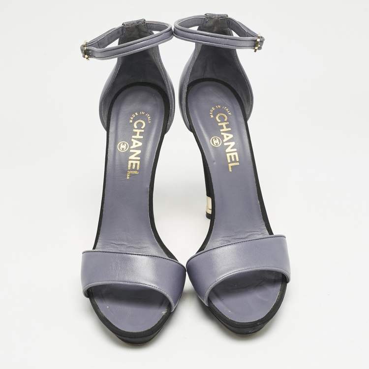 Pre Owned Chanel Light Blue Leather CC Ankle Strap Sandals Size 40