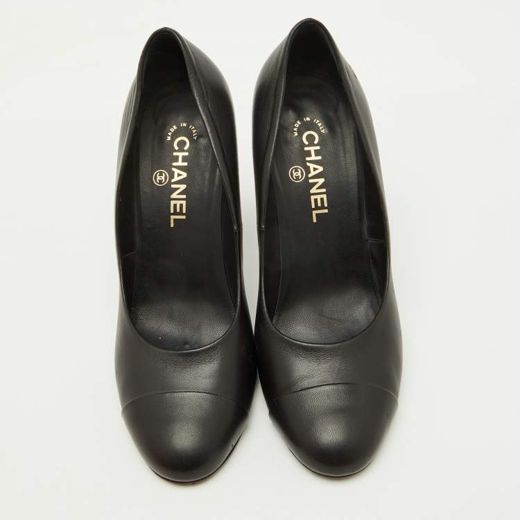 Pre Owned Chanel Black Leather Cap Toe CC Pearl Embellished Heels Pumps Size 39.5