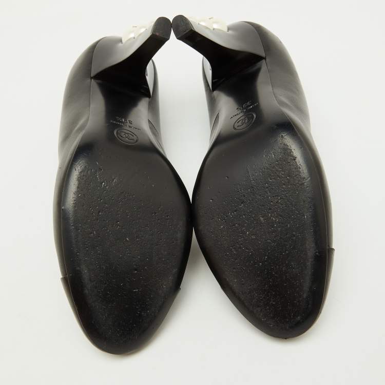 Pre Owned Chanel Black Leather Cap Toe CC Pearl Embellished Heels Pumps Size 39.5