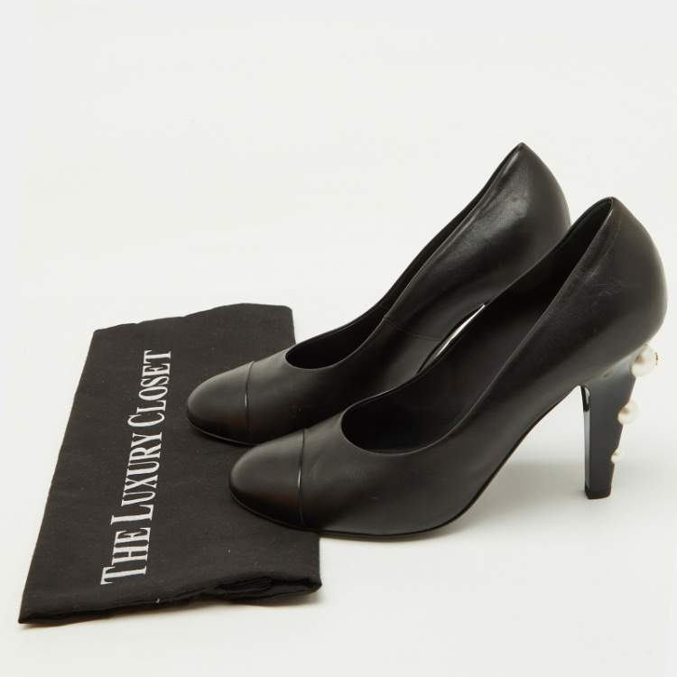 Pre Owned Chanel Black Leather Cap Toe CC Pearl Embellished Heels Pumps Size 39.5