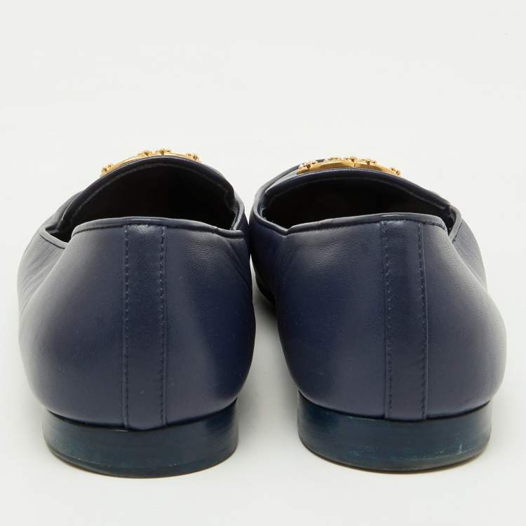 Pre Owned Chanel Navy Blue Leather CC Logo Slip On Loafers Size 40