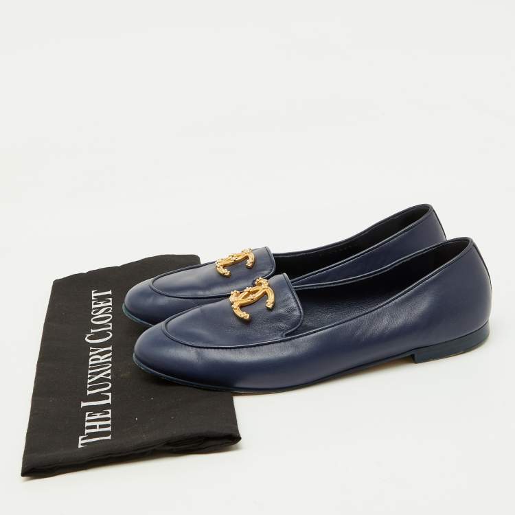 Pre Owned Chanel Navy Blue Leather CC Logo Slip On Loafers Size 40