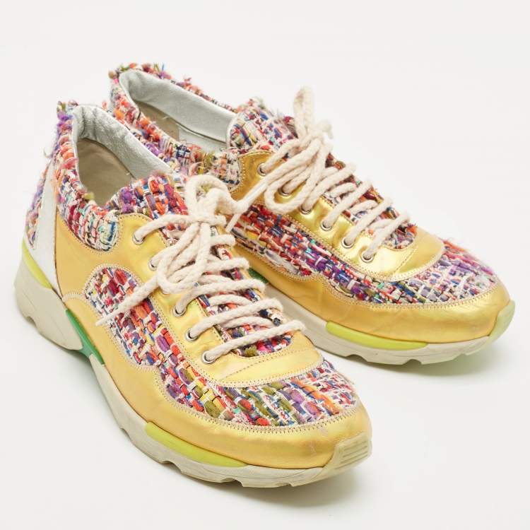Pre Owned Chanel Multicolor Tweed and Leather Low Top Sneakers Size 38