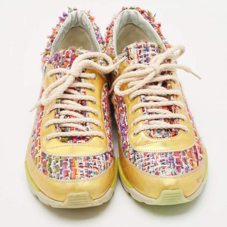 Pre Owned Chanel Multicolor Tweed and Leather Low Top Sneakers Size 38