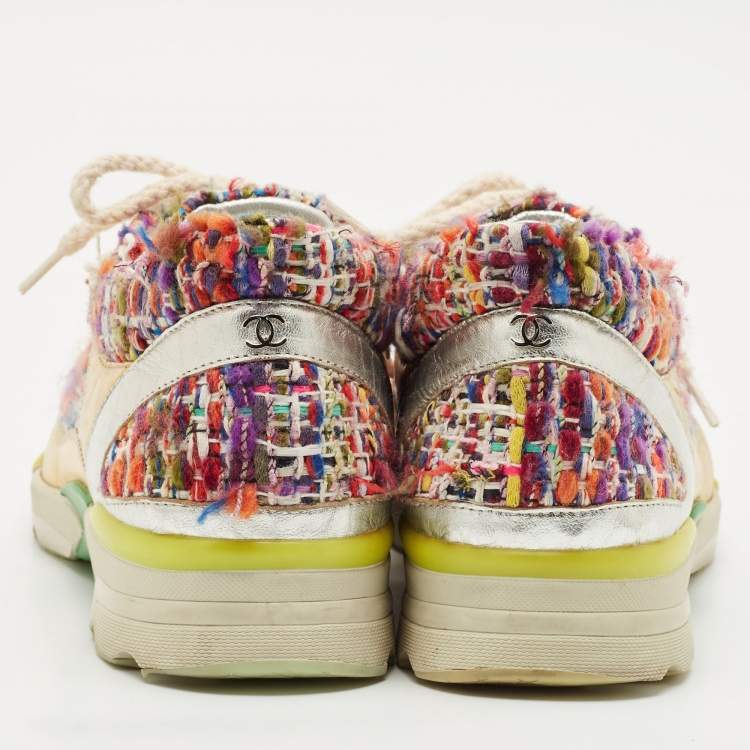 Pre Owned Chanel Multicolor Tweed and Leather Low Top Sneakers Size 38