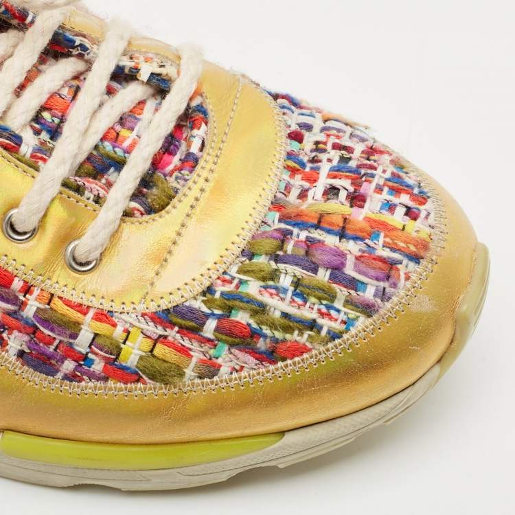 Pre Owned Chanel Multicolor Tweed and Leather Low Top Sneakers Size 38