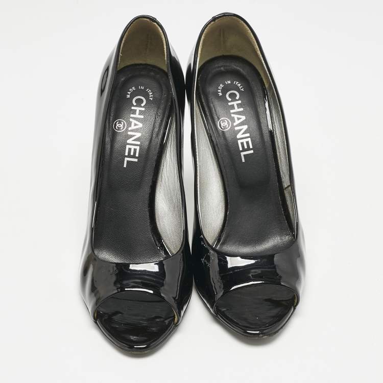 Pre Owned Chanel Black  Patent Leather CC Pearl Embellished Peep Toe Pumps Size 38.5