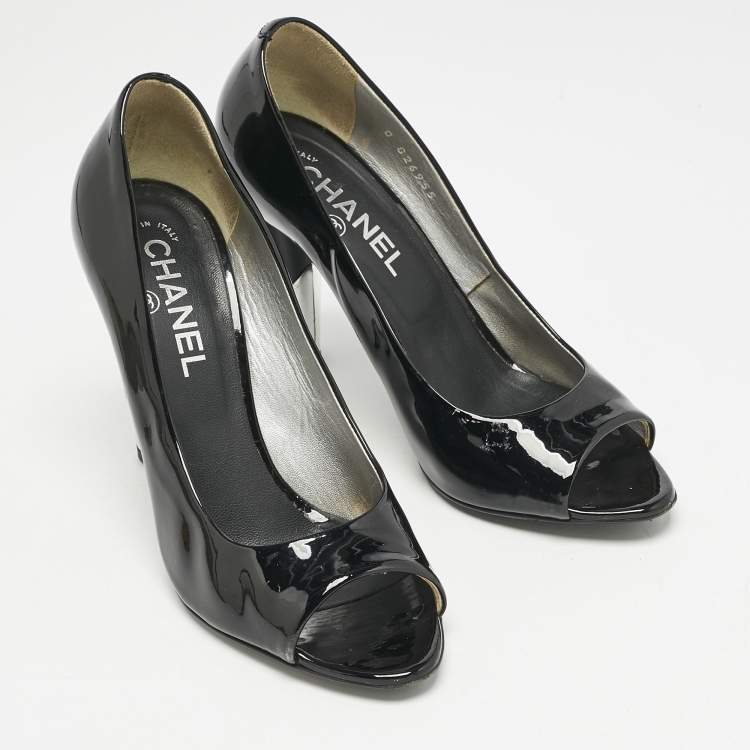 Pre Owned Chanel Black  Patent Leather CC Pearl Embellished Peep Toe Pumps Size 38.5