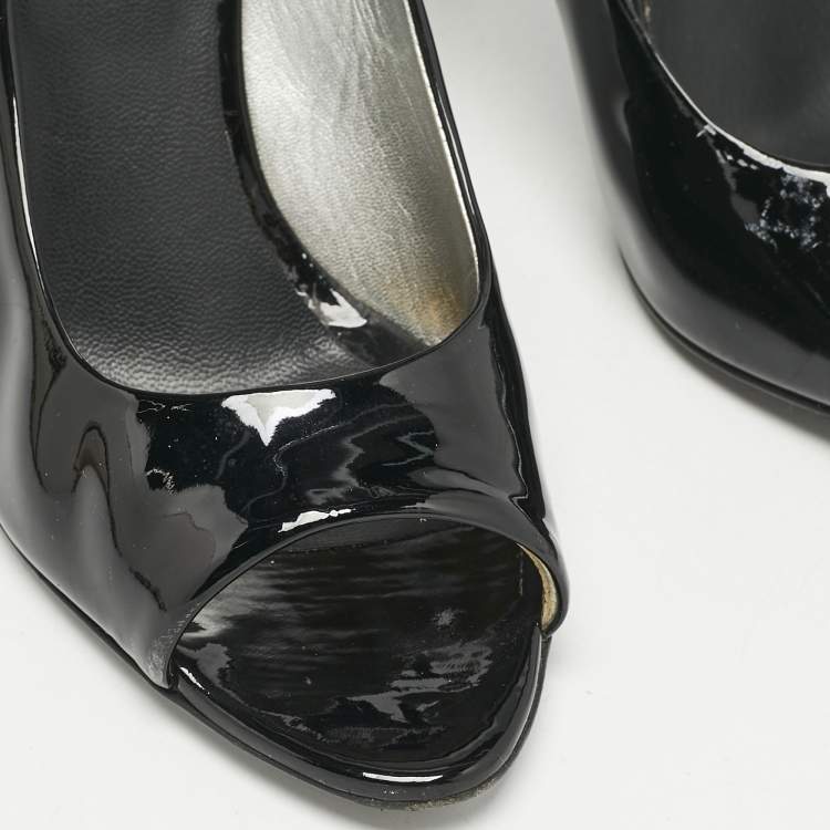Pre Owned Chanel Black  Patent Leather CC Pearl Embellished Peep Toe Pumps Size 38.5