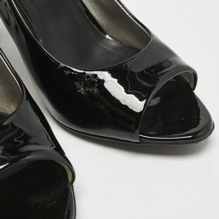 Pre Owned Chanel Black  Patent Leather CC Pearl Embellished Peep Toe Pumps Size 38.5