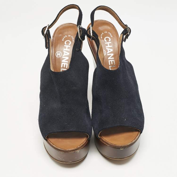 Pre Owned Chanel Navy Blue Suede Slingback Clogs Size 38