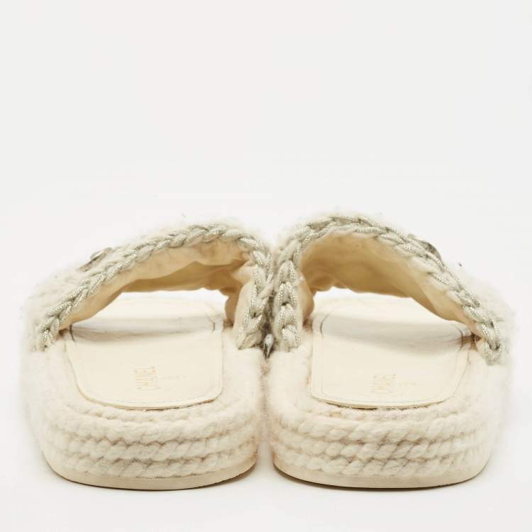 Pre Owned Chanel White/Silver Braided Knit CC Espadrille Flat Slides Size 39