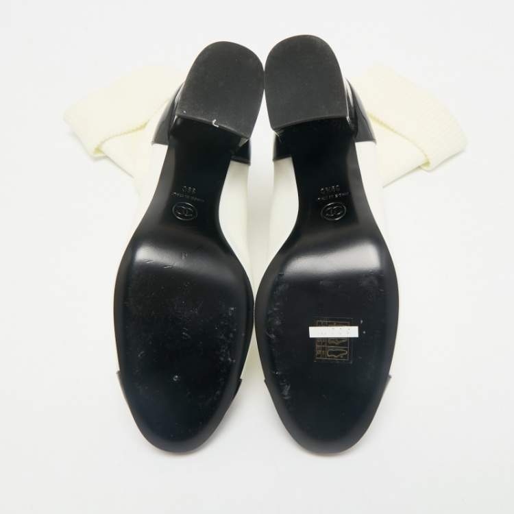 Pre Owned Chanel White/Black Patent Leather and Stretch Fabric CC Sock Ankle Length Boots Size 39.5
