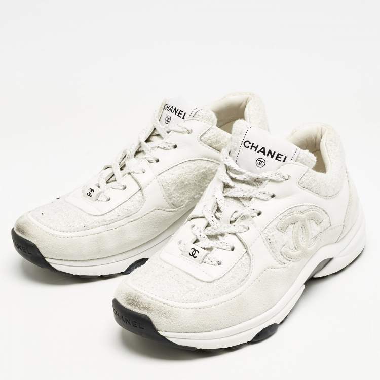Pre Owned Chanel White/Silver Suede and Tweed CC Sneakers Size 37.5