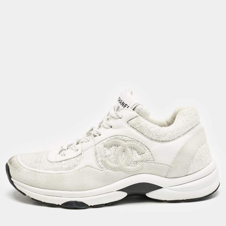 Pre Owned Chanel White/Silver Suede and Tweed CC Sneakers Size 37.5