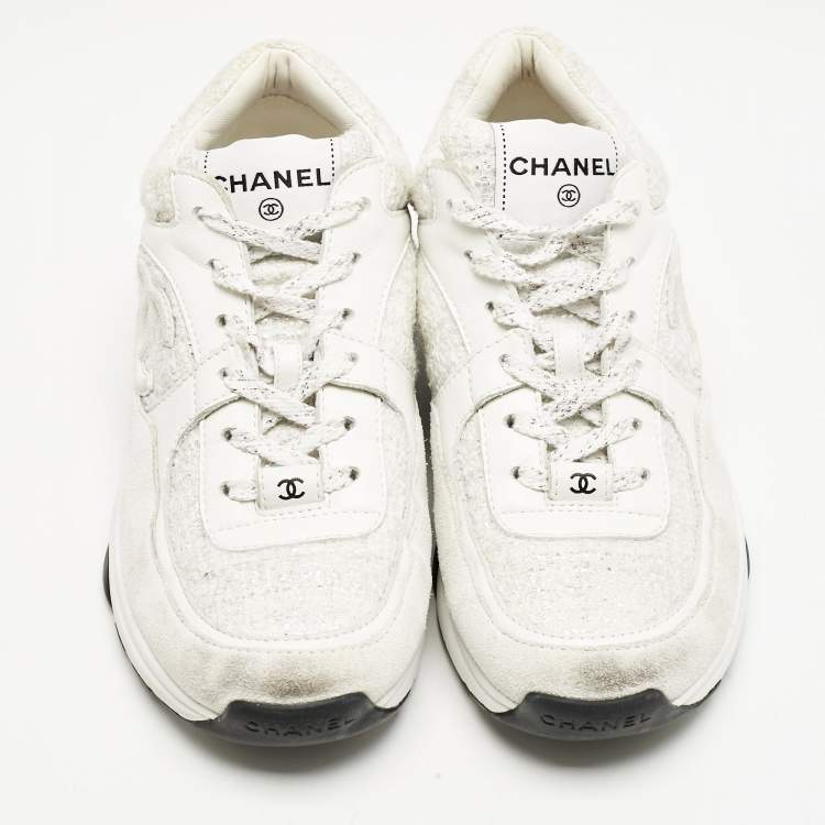 Pre Owned Chanel White/Silver Suede and Tweed CC Sneakers Size 37.5