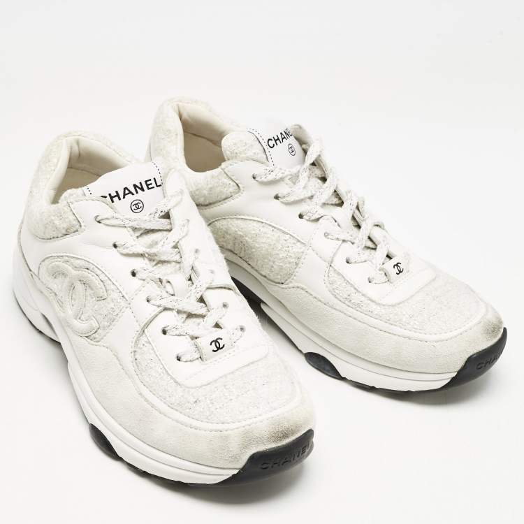 Pre Owned Chanel White/Silver Suede and Tweed CC Sneakers Size 37.5