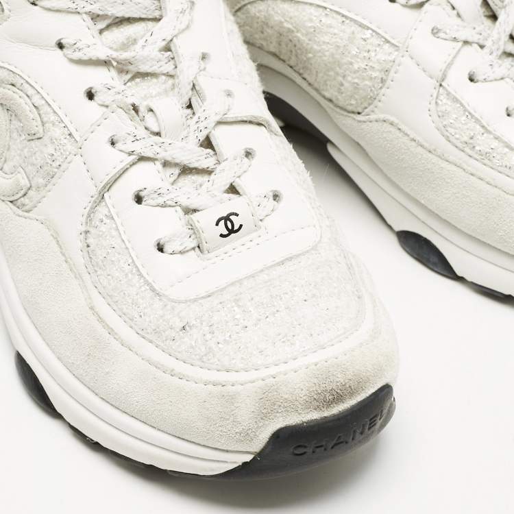 Pre Owned Chanel White/Silver Suede and Tweed CC Sneakers Size 37.5