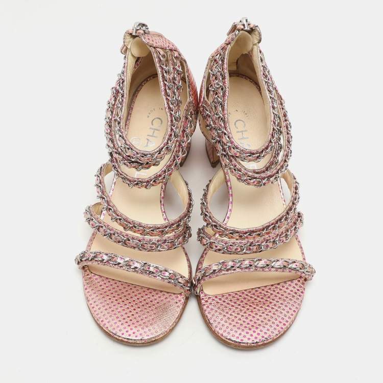 Pre Owned Chanel Pink Dot Print Leather Chain Strappy Sandals Size 36.5