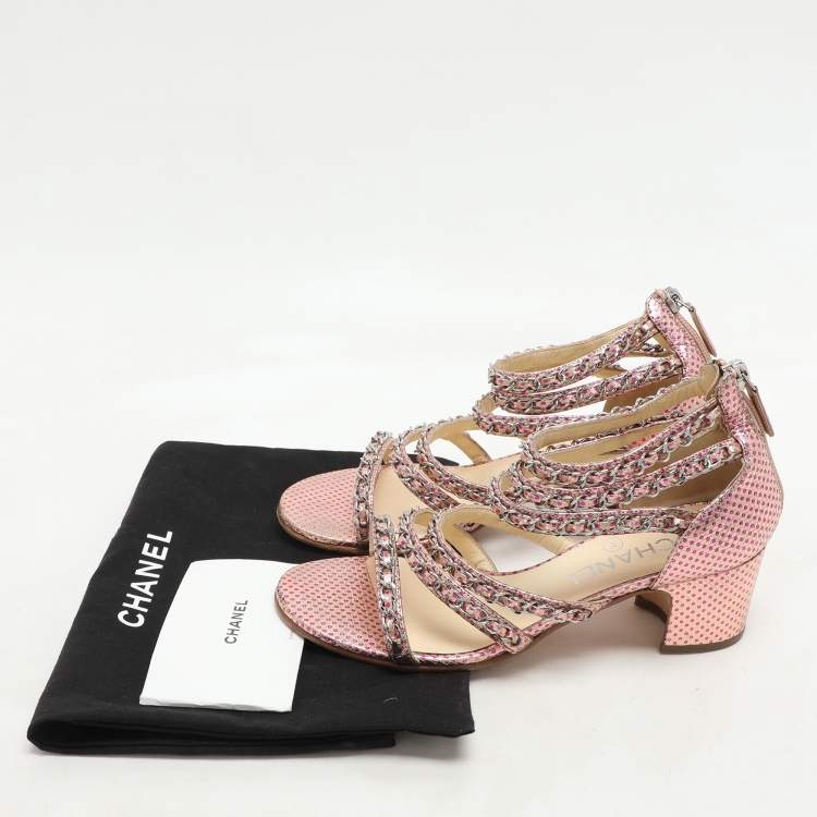 Pre Owned Chanel Pink Dot Print Leather Chain Strappy Sandals Size 36.5