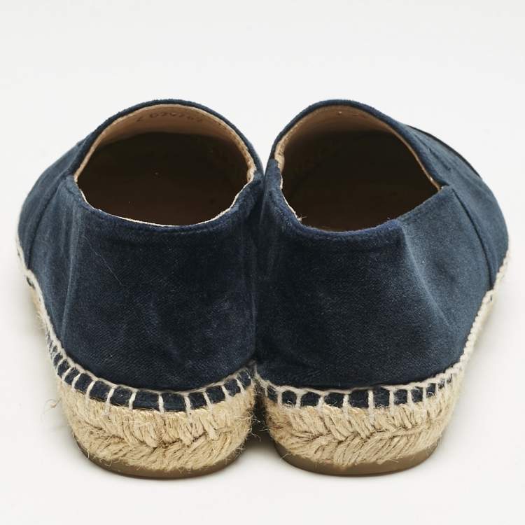 Pre Owned Chanel Navy Blue/Black Velvet CC Cap Toe Espadrille Flats Size 37