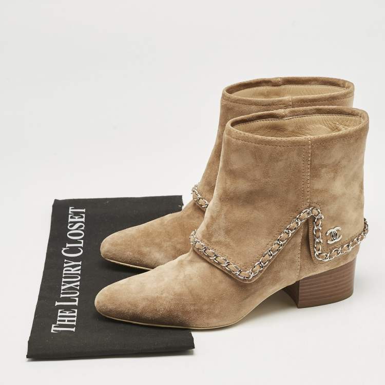 Pre Owned Chanel Brown Suede Chain Embellished Ankle Length Boots Size 38