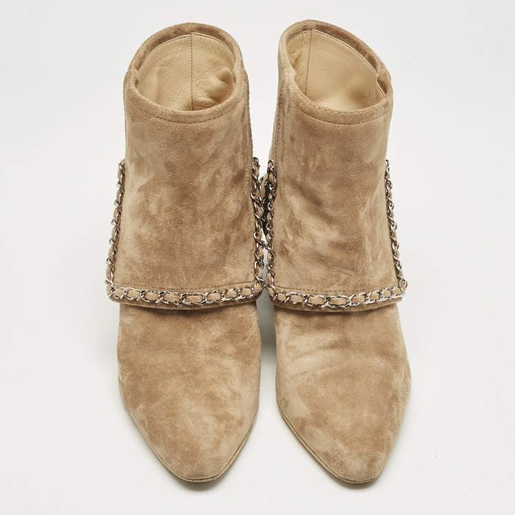 Pre Owned Chanel Brown Suede Chain Embellished Ankle Length Boots Size 38