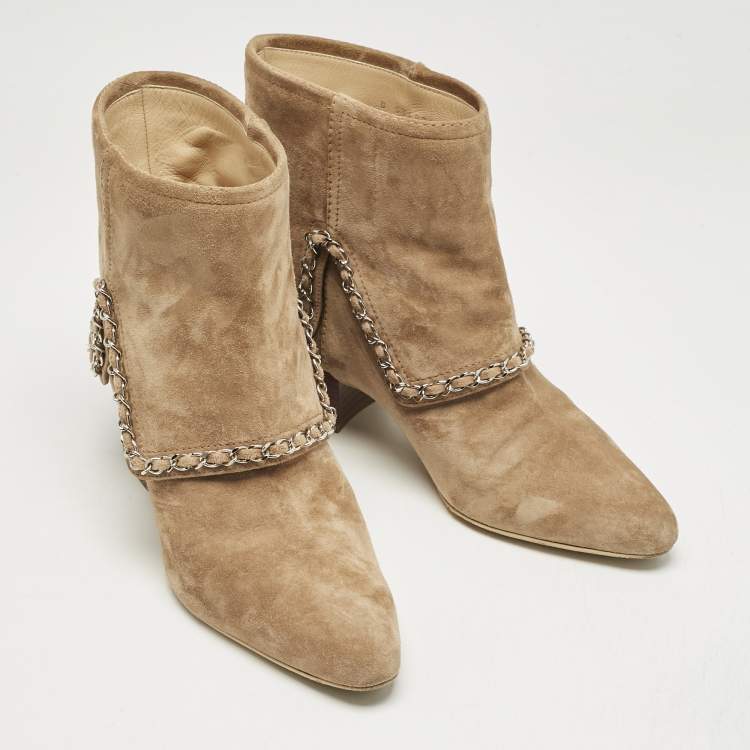 Pre Owned Chanel Brown Suede Chain Embellished Ankle Length Boots Size 38