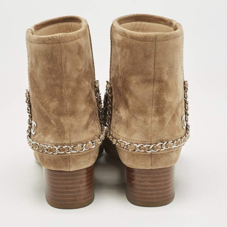 Pre Owned Chanel Brown Suede Chain Embellished Ankle Length Boots Size 38