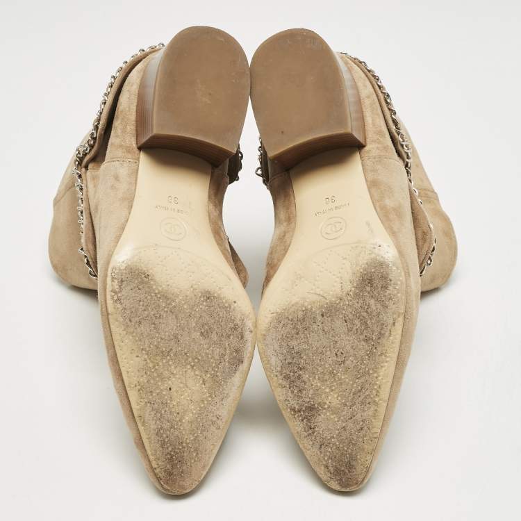 Pre Owned Chanel Brown Suede Chain Embellished Ankle Length Boots Size 38