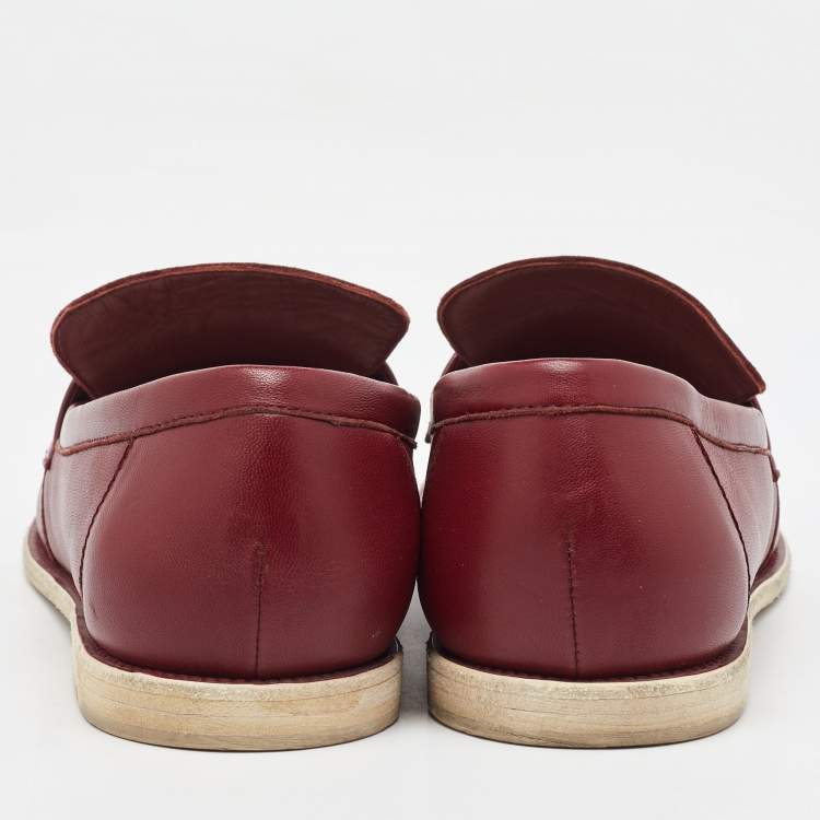 Pre Owned Chanel Dark Red Leather CC Slip On Loafers Size 40.5