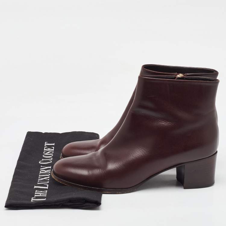 Pre Owned Chanel Burgundy Leather CC Block Heel Ankle Length Boots Size 41