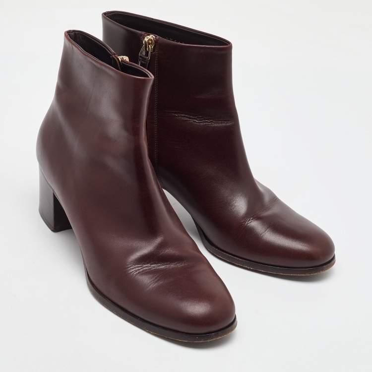 Pre Owned Chanel Burgundy Leather CC Block Heel Ankle Length Boots Size 41
