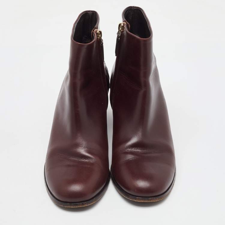 Pre Owned Chanel Burgundy Leather CC Block Heel Ankle Length Boots Size 41