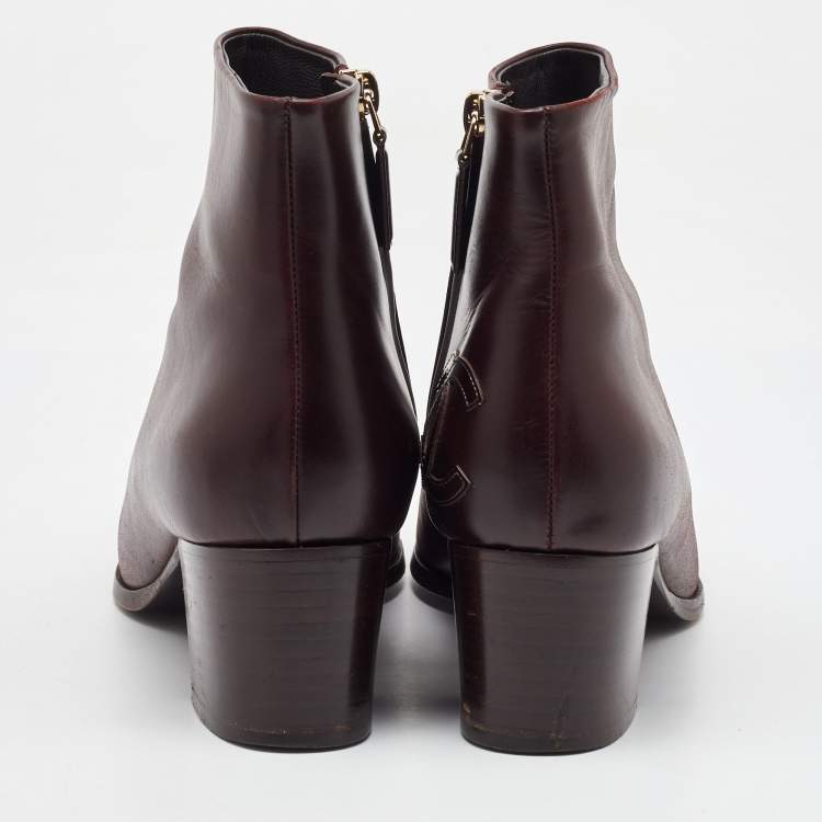 Pre Owned Chanel Burgundy Leather CC Block Heel Ankle Length Boots Size 41