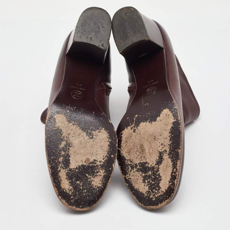 Pre Owned Chanel Burgundy Leather CC Block Heel Ankle Length Boots Size 41