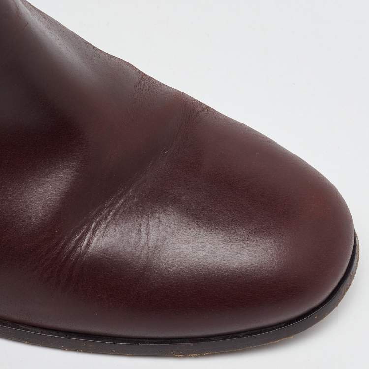 Pre Owned Chanel Burgundy Leather CC Block Heel Ankle Length Boots Size 41