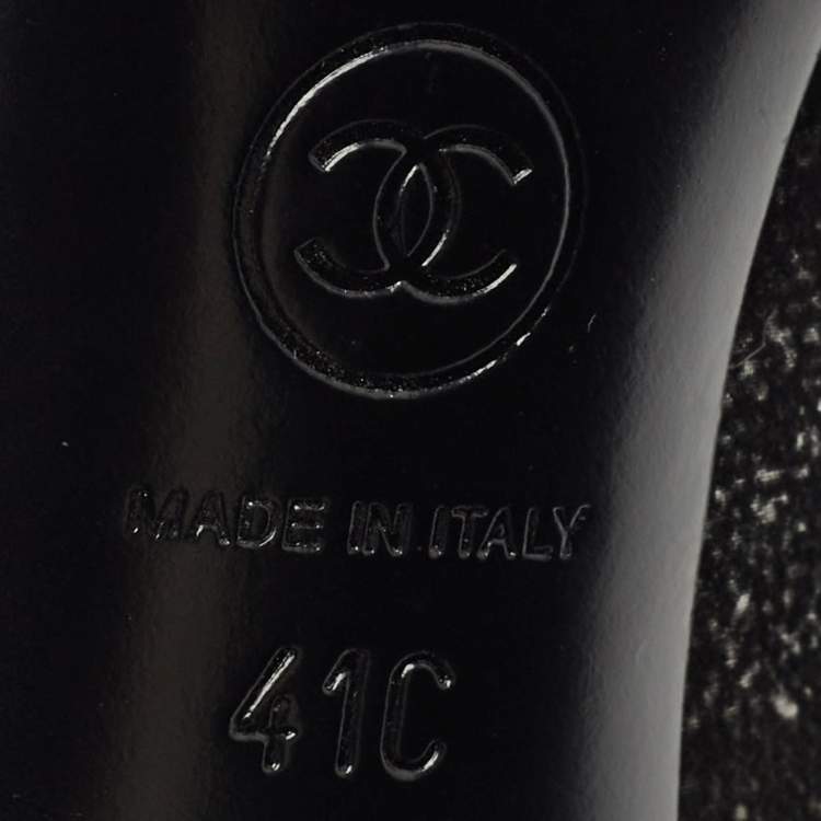 Pre Owned Chanel Black/Silver Suede Pearl Heel Lace Up Booties Size 41