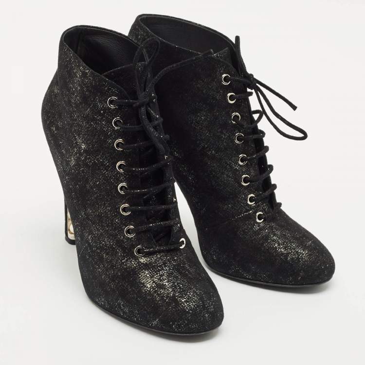 Pre Owned Chanel Black/Silver Suede Pearl Heel Lace Up Booties Size 41