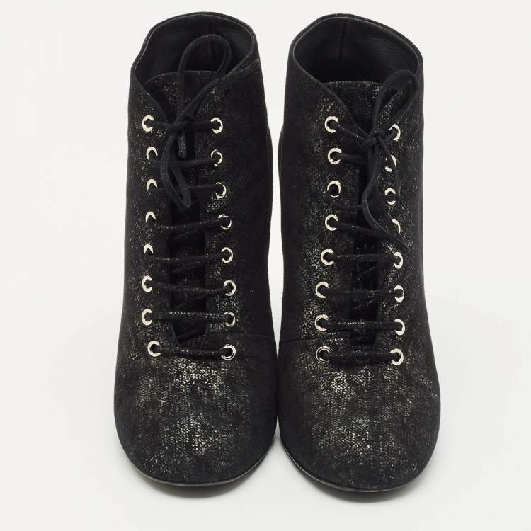Pre Owned Chanel Black/Silver Suede Pearl Heel Lace Up Booties Size 41