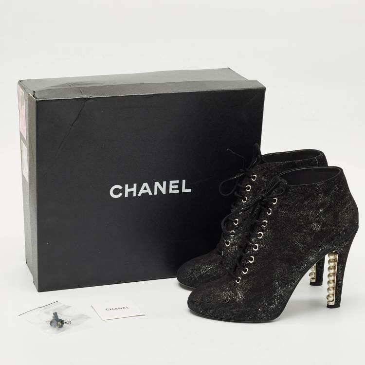 Pre Owned Chanel Black/Silver Suede Pearl Heel Lace Up Booties Size 41