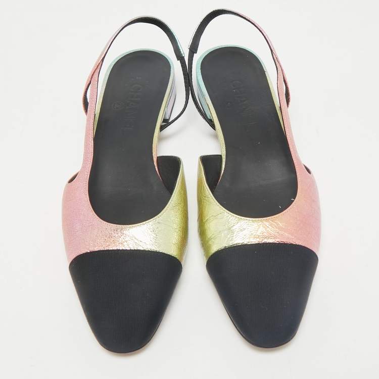 Pre Owned Chanel Multicolor Texture Leather and Canvas Cap Toe Slingback Flats Size 40.5