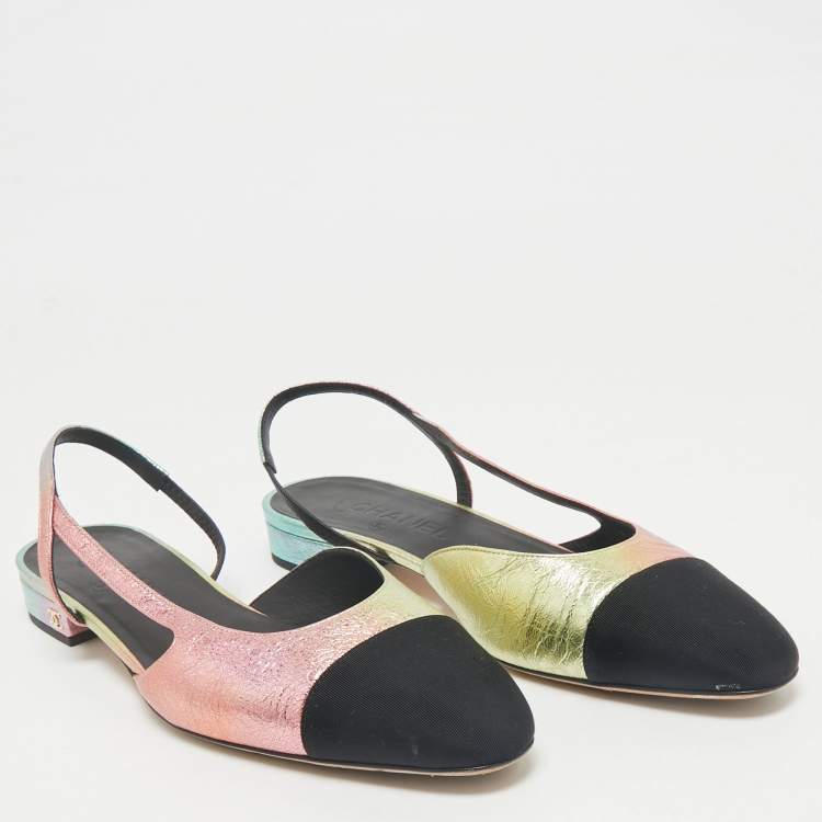 Pre Owned Chanel Multicolor Texture Leather and Canvas Cap Toe Slingback Flats Size 40.5