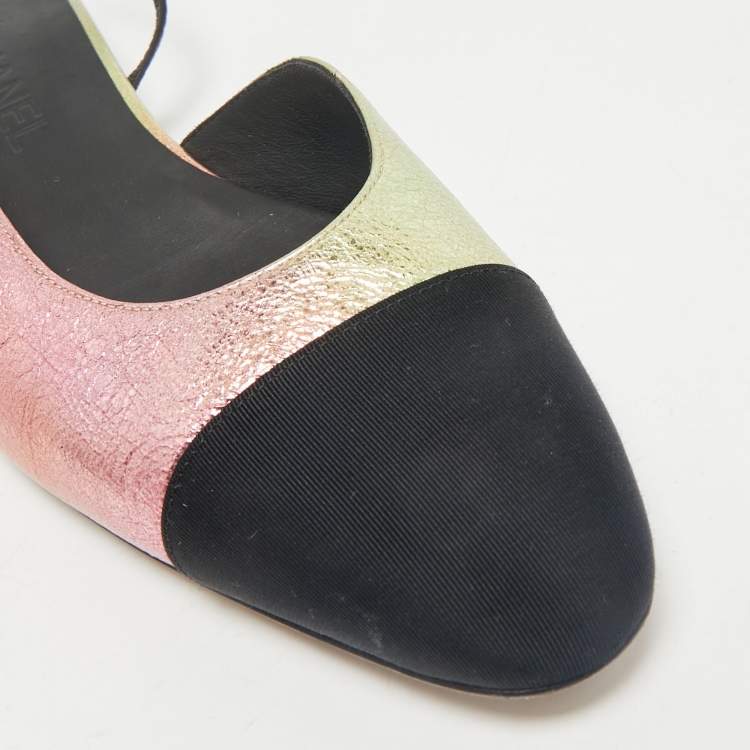 Pre Owned Chanel Multicolor Texture Leather and Canvas Cap Toe Slingback Flats Size 40.5