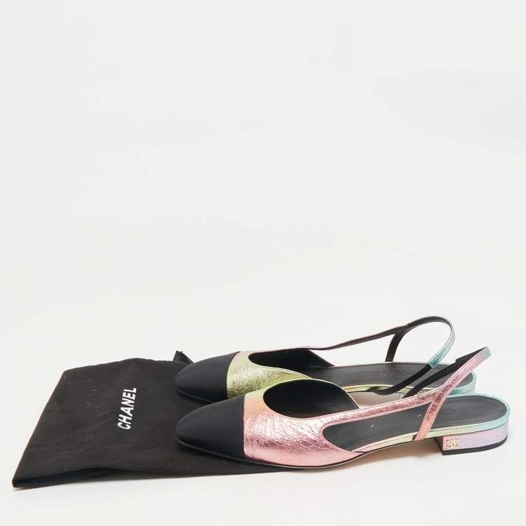 Pre Owned Chanel Multicolor Texture Leather and Canvas Cap Toe Slingback Flats Size 40.5