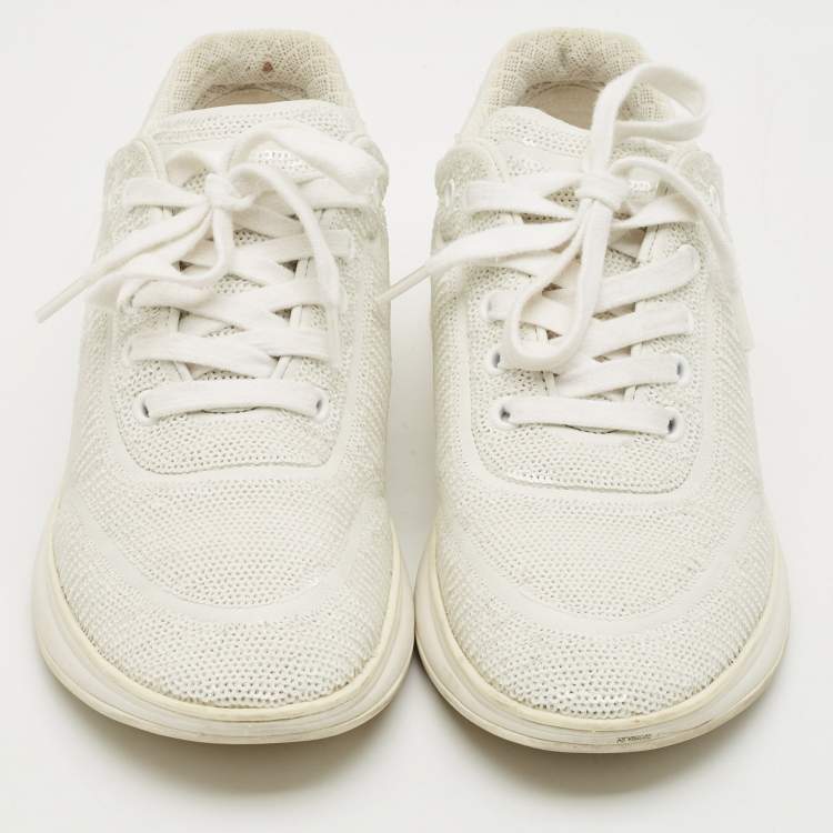 Pre Owned Chanel White Sequin and Leather CC Low Top Sneakers Size 38.5