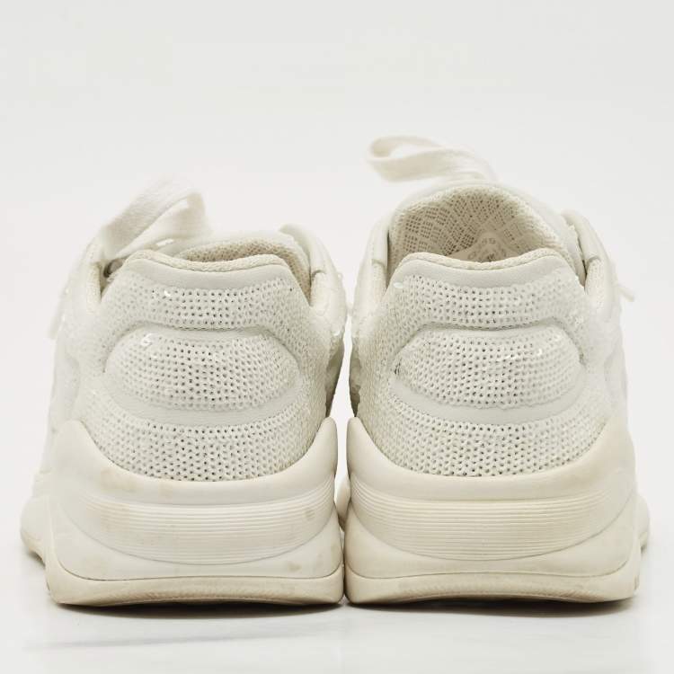 Pre Owned Chanel White Sequin and Leather CC Low Top Sneakers Size 38.5