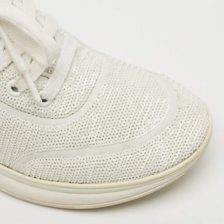 Pre Owned Chanel White Sequin and Leather CC Low Top Sneakers Size 38.5