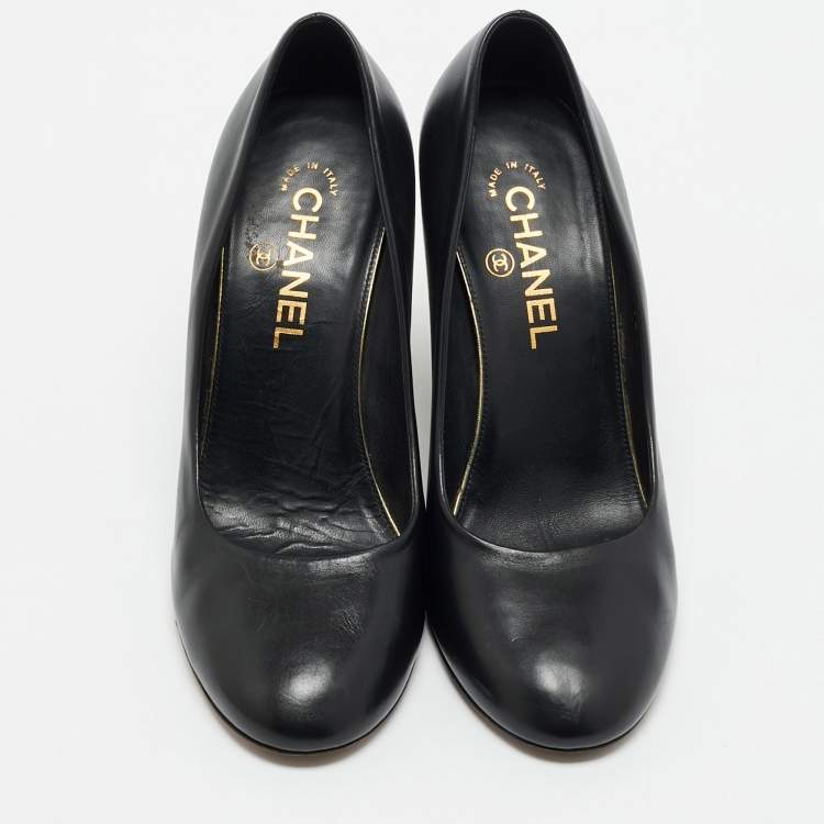 Pre Owned Chanel Black Leather Pearl Embellished Wedge Round Toe Pumps Size 38
