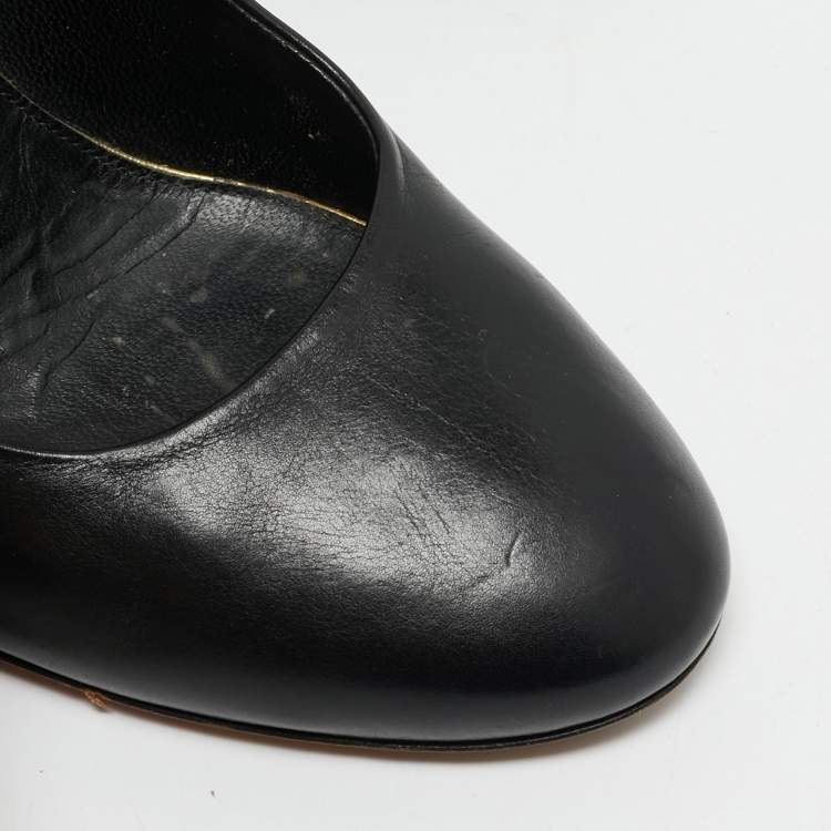 Pre Owned Chanel Black Leather Pearl Embellished Wedge Round Toe Pumps Size 38